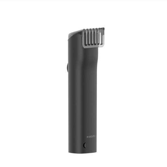Black handheld hair trimmer on a white background