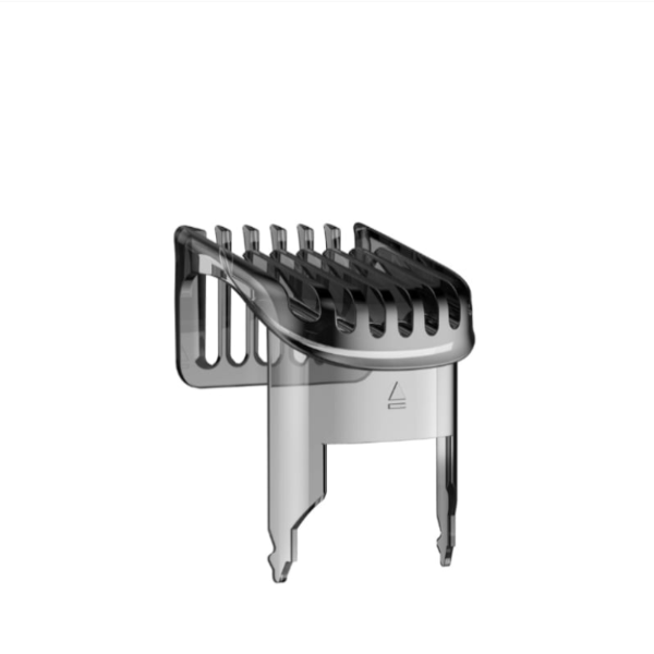 Metal hair clipper comb attachment on a white background