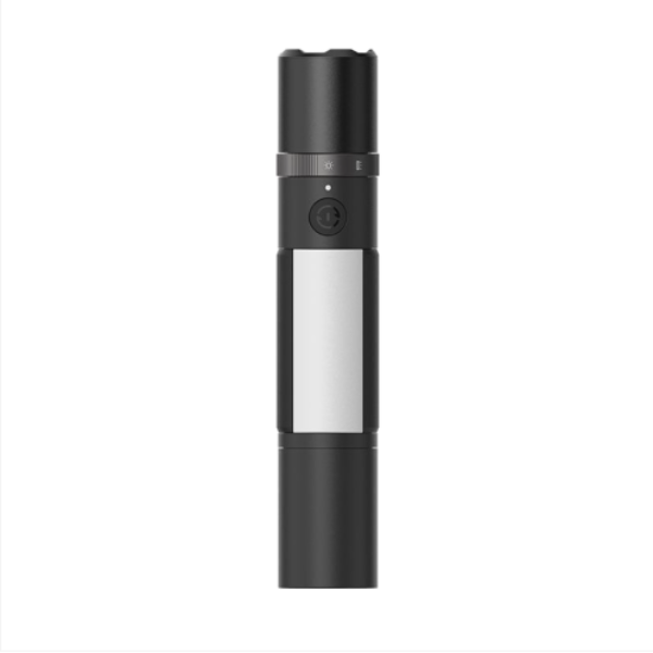 Black and silver cylindrical device on a white background