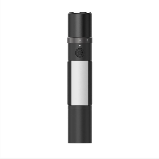 Black and silver cylindrical device on a white background