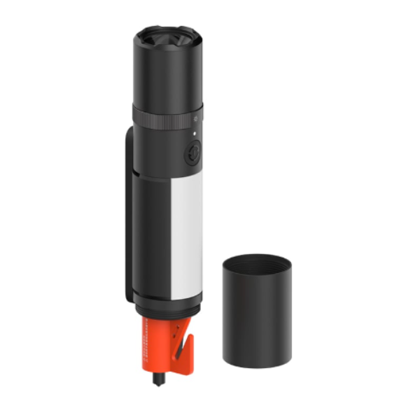 Black and orange handheld device on a white background