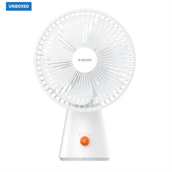 White Xiaomi fan on a white background with 'UNBOXED' label.
