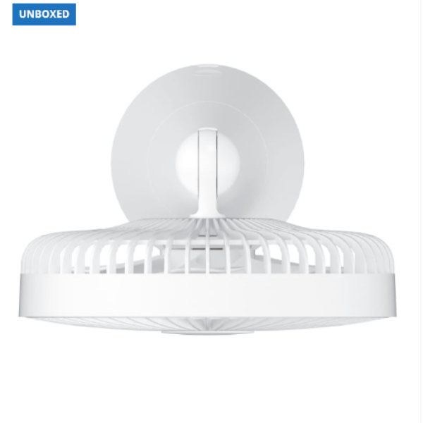 White ceiling fan on a white background with 'UNBOXED' label.