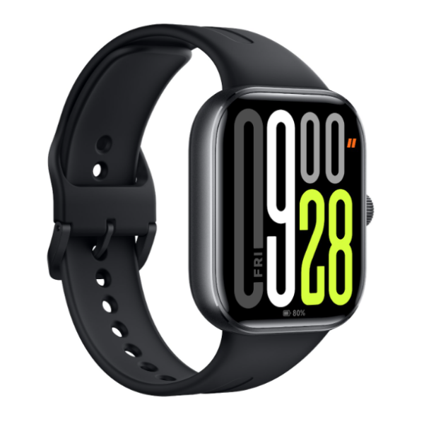 Black smartwatch with digital display on a white background