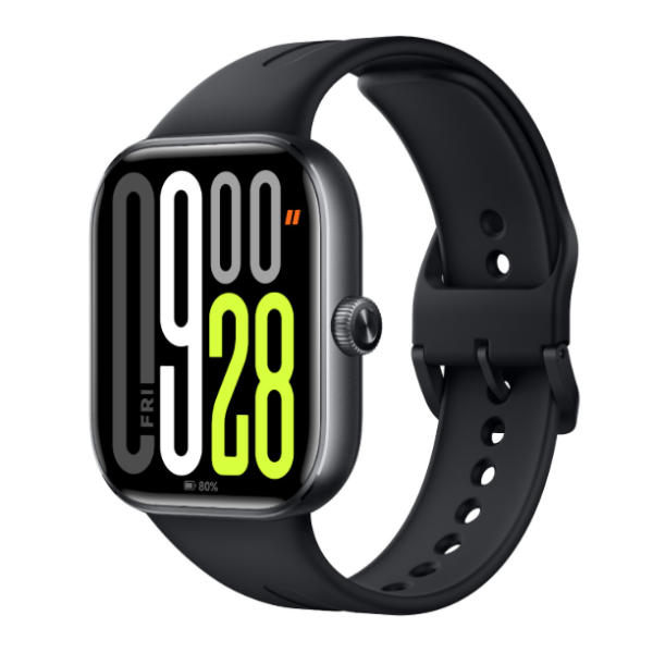 Black smartwatch with digital display on a white background