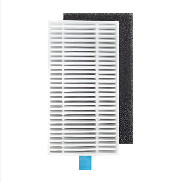 Air filter set with white pleated filter and black carbon filter on a white background