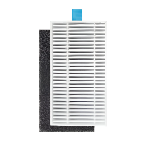 Rectangular air filter with black frame and white slats on a white background