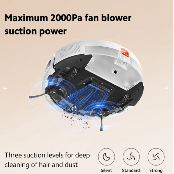 Robotic vacuum cleaner with text about suction power and cleaning levels on a beige background