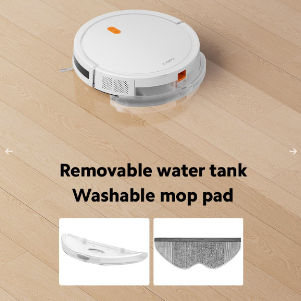Robotic vacuum cleaner on a wooden floor with text highlighting features.