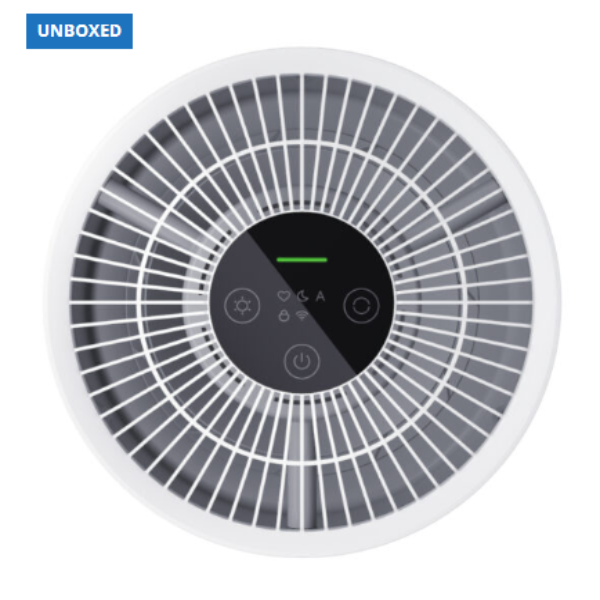 Round air purifier with control panel on a white background, branded 'UNBOXED'.