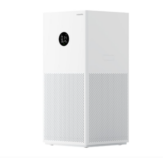 White air purifier with digital display on a white background
