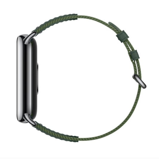 Green woven watch strap on a white background