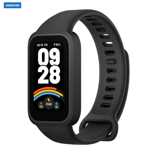 Black smartwatch with a colorful display on a white background