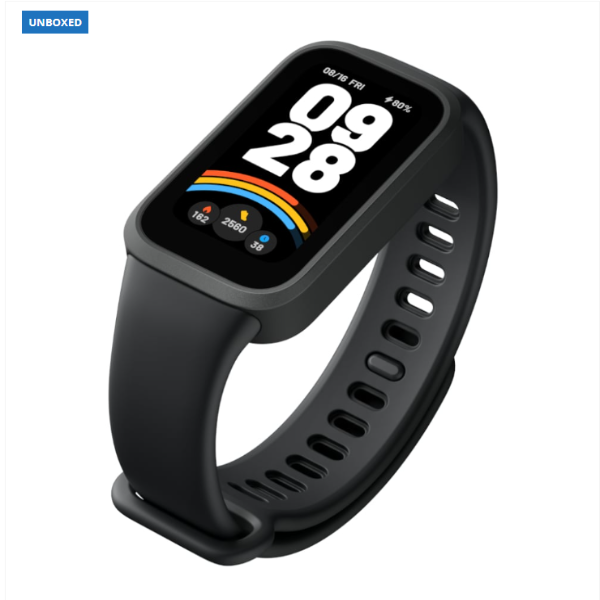 Black smartwatch with a colorful display on a white background