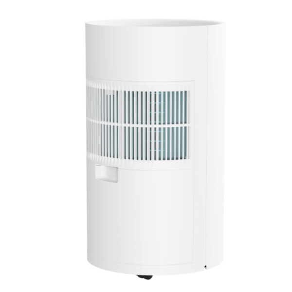 White dehumidifier with a clear water tank on a white background