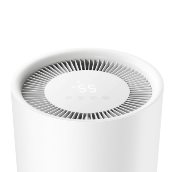 White cylindrical air purifier with visible brand logo on a white background
