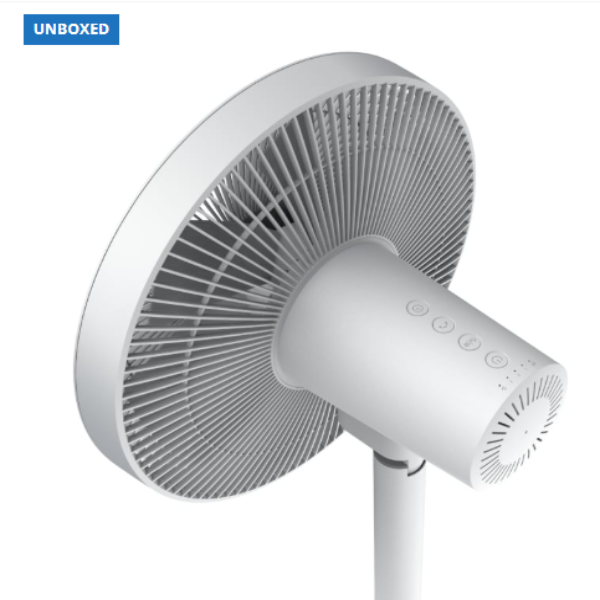 White standing fan on a white background with 'UNBOXED' branding.