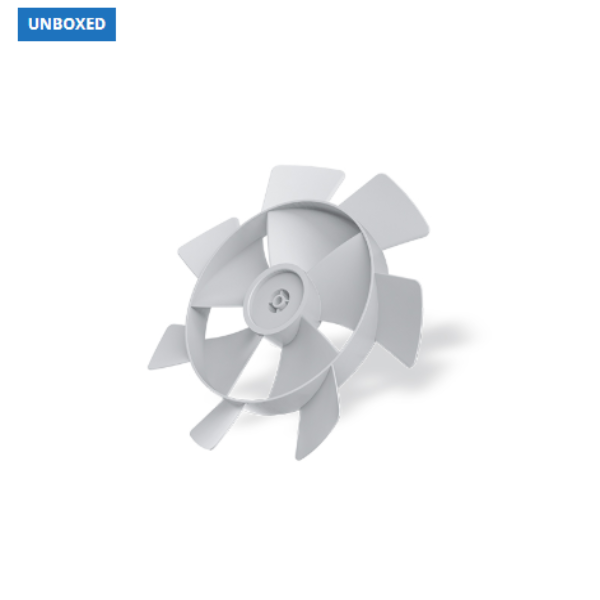 White fan blade on a white background with 'UNBOXED' branding.