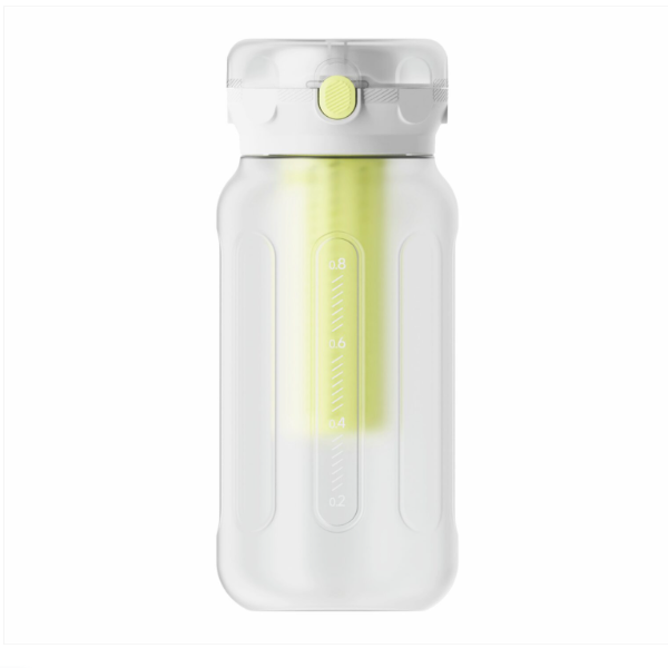 Clear water bottle with a yellow accent on a white background