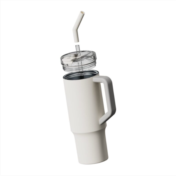 White insulated tumbler with handle and straw on a white background