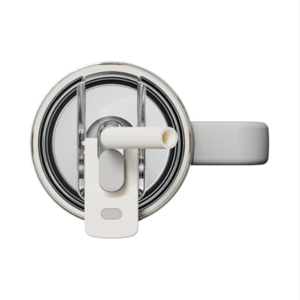 Chrome shower head with white handle on a white background