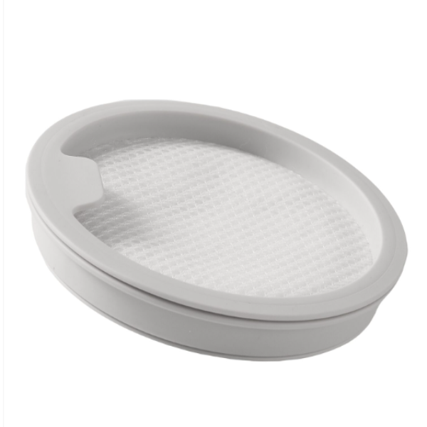 Gray pet litter pan with a textured white filter on a white background