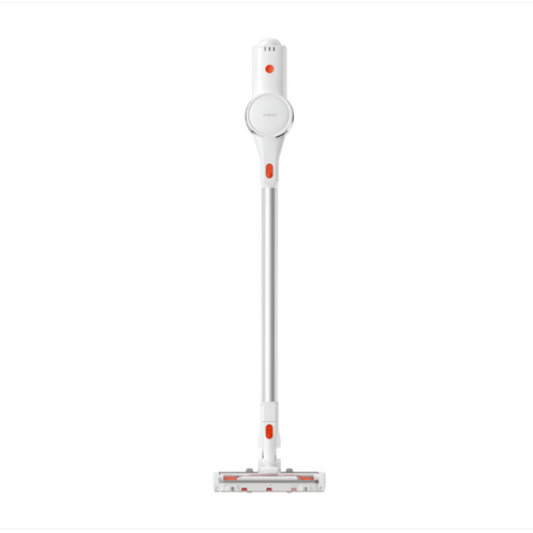 White handheld vacuum cleaner with red accents on a white background