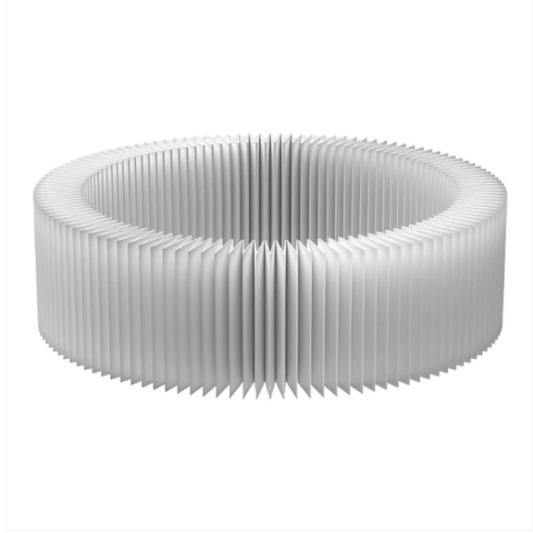 Circular white object with a ribbed texture on a white background
