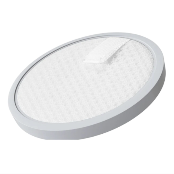 Round white filter with a silver rim on a white background