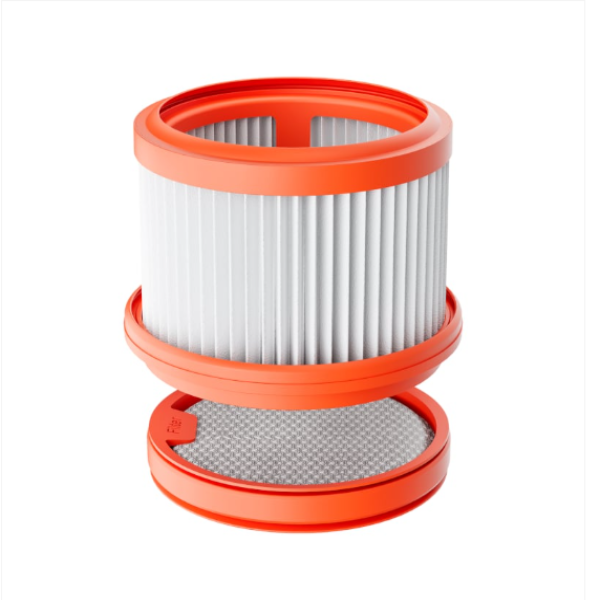 Vacuum filter with orange outer casing on a white background