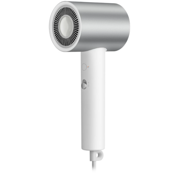 Silver and white hair dryer on a white background