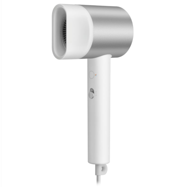 White and silver hair dryer on a white background