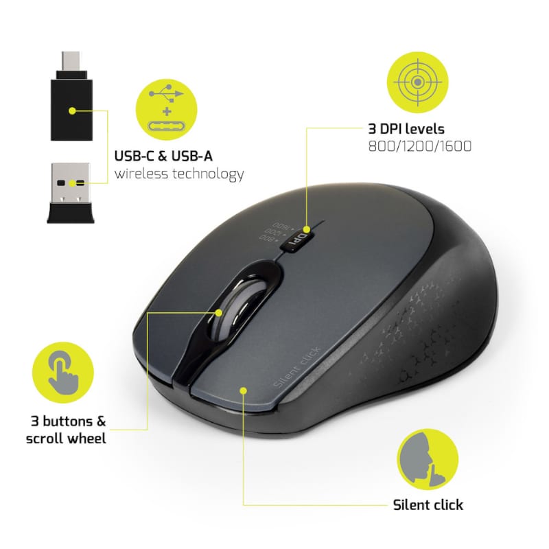 Port Connect Silent 1600DPI 3 Button Wireless Mouse - Black