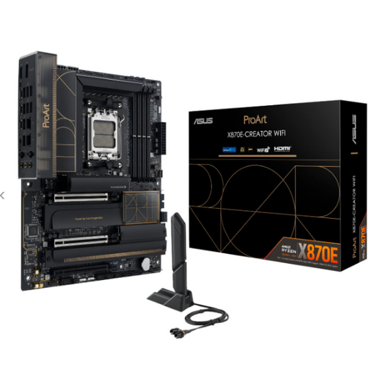 Asus ProArt X870E Creator WiFi motherboard with packaging on a white background