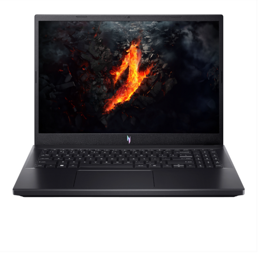 Black gaming laptop with fiery design on screen against a white background