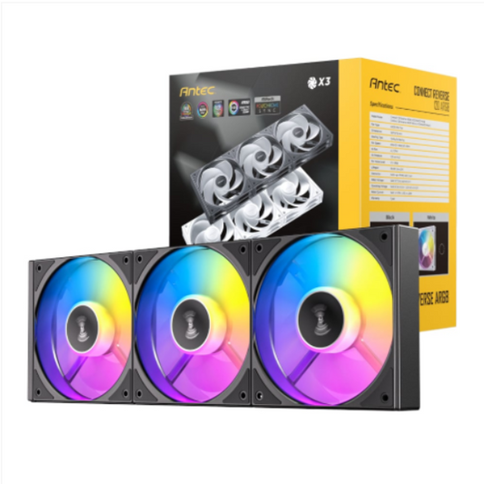 Three colorful computer fans with a yellow Antec packaging box in the background.