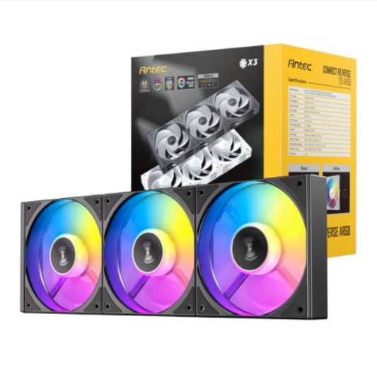 Three Antec RGB computer fans with a box in the background on a white background