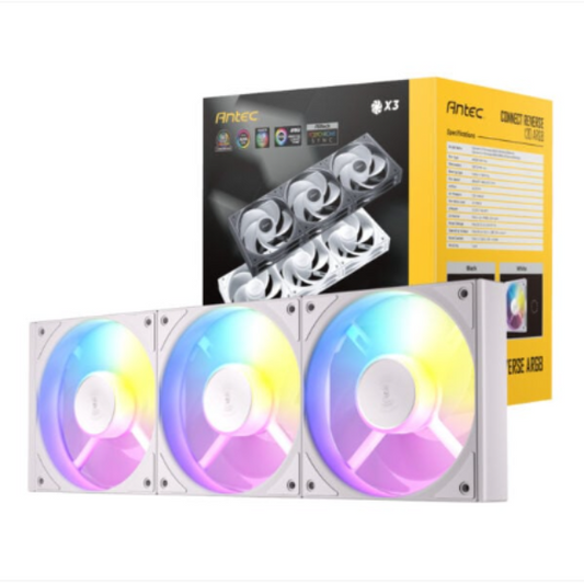 Three Antec RGB fans with a box in the background on a white background