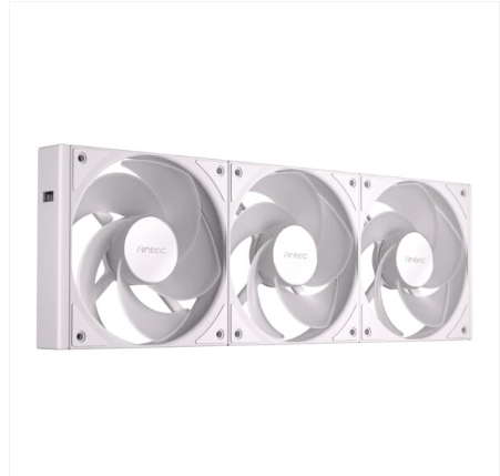 Three white fans with a brand logo on a white background