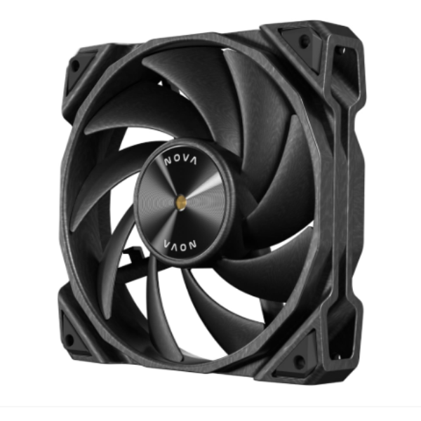 Black computer fan with 'NOVA' branding on a white background