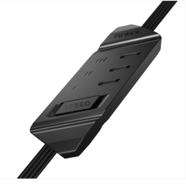 Black power strip with multiple outlets on a white background