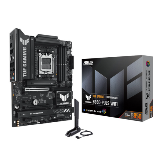 ASUS TUF Gaming motherboard with packaging on a white background