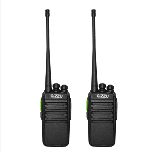 Two Gizzu walkie talkies on a white background