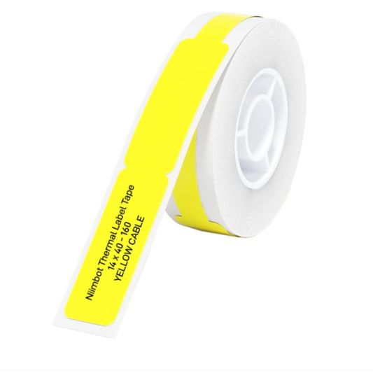 Roll of yellow label tape with text on a white background