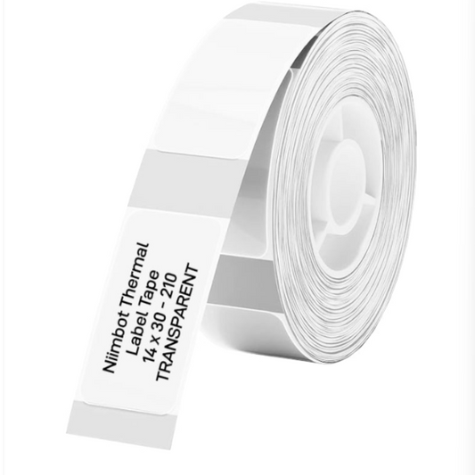 Roll of transparent thermal label tape with a label on a white background