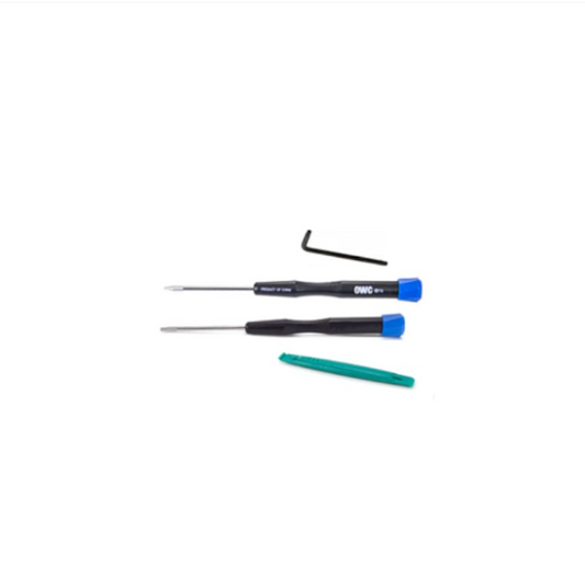 Set of small tools including a screwdriver and hex key on a white background