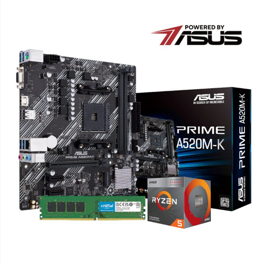 Asus Prime A520M-K motherboard with AMD Ryzen 5 processor packaging on a white background