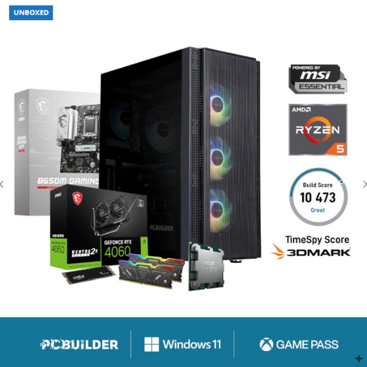 PC components including a motherboard, graphics card, and CPU with branding on a white background.
