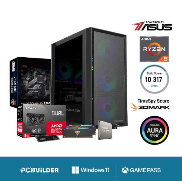 PC components including a motherboard, CPU, RAM, and case on a white background with ASUS branding.