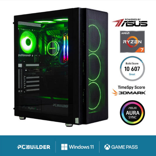 Computer case with green lighting, ASUS, AMD Ryzen 7, and other branding on a white background